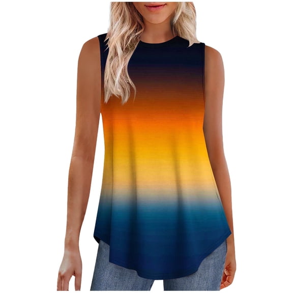Jalioing Tank Tops for Women Crew Neck Sleeveless Flowy Casual Shirts Gradient Print Summer Fashion T Shirts