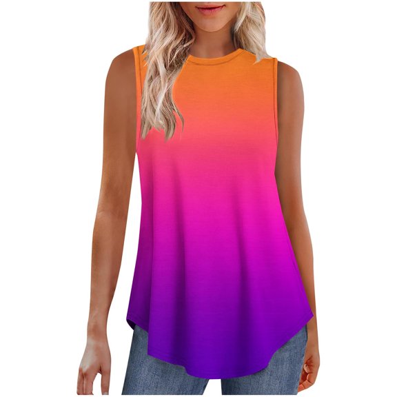 Jalioing Tank Tops for Women Crew Neck Sleeveless Flowy Casual Shirts Gradient Print Summer Fashion T Shirts