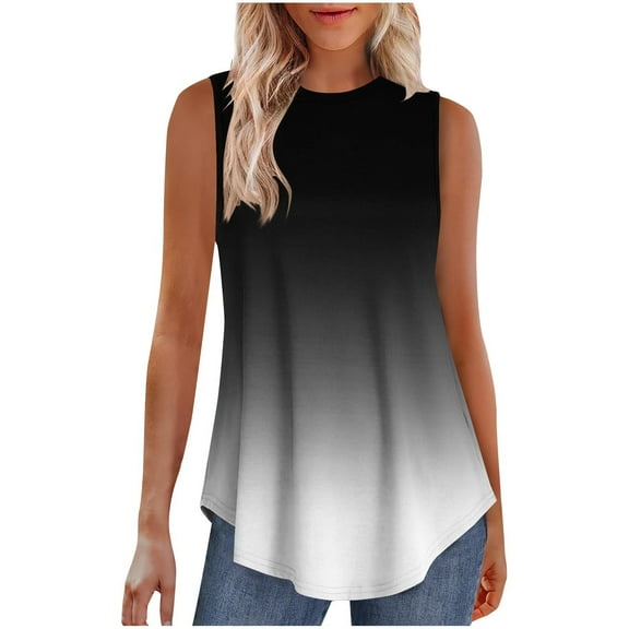 Jalioing Tank Tops for Women Crew Neck Sleeveless Flowy Casual Shirts Gradient Print Summer Fashion T Shirts