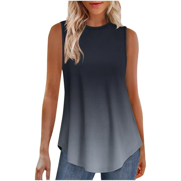 Jalioing Tank Tops for Women Crew Neck Sleeveless Flowy Casual Shirts Gradient Print Summer Fashion T Shirts