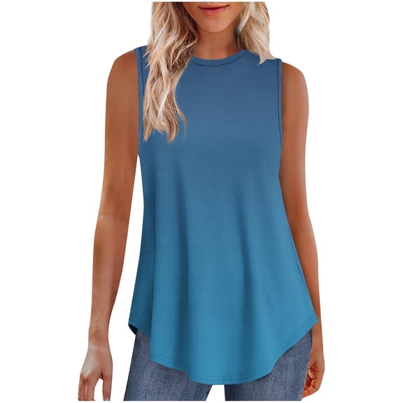 Jalioing Tank Tops for Women Crew Neck Sleeveless Flowy Casual Shirts Gradient Print Summer Fashion T Shirts