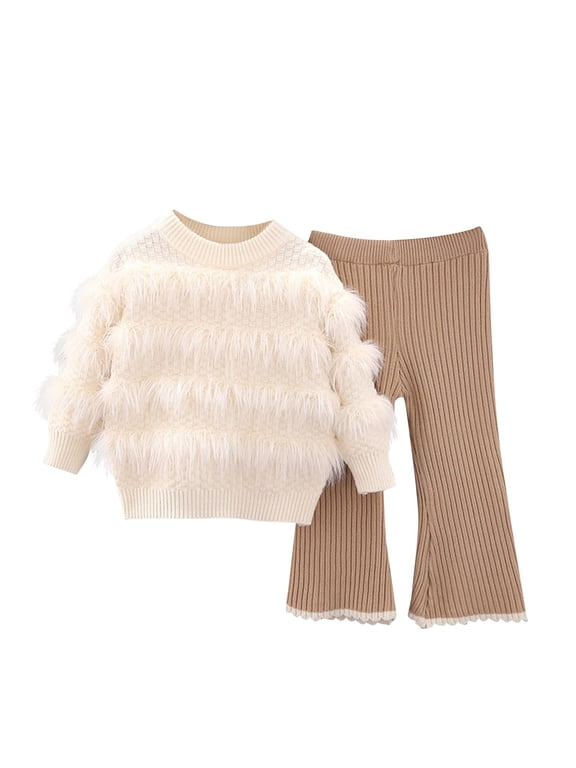 Toddler Girls 2 Piece Outfits Fuzzy Fleece Sweater Tops Flare Leg Pants Set Little Girls Fashion Clothes
