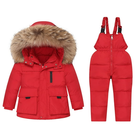 Jalioing Toddler Girls Boys Snowsuit Set 2 Piece Hooded Down Jacket and Strap Pants Set Winter Thermal Clothes