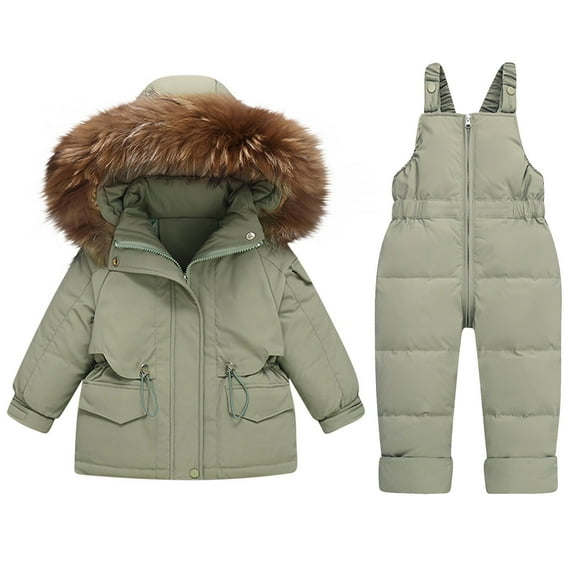 Jalioing Toddler Girls Boys Snowsuit Set 2 Piece Hooded Down Jacket and Strap Pants Set Winter Thermal Clothes