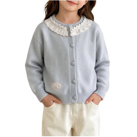 Jalioing Toddler Girls Sweater Cardigan Cute Lace Patchwork Long Sleeve Crew Neck Button Down Knit Cardigans 0-8 Years