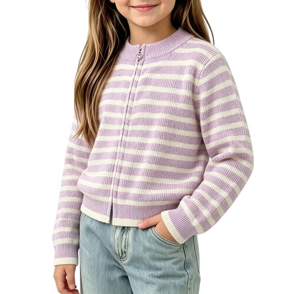 Jalioing Toddler Girls Zip Up Cardigans Fashion Striped Long Sleeve Sweater Cardigan Girls Winter Knit Sweater Outerwear