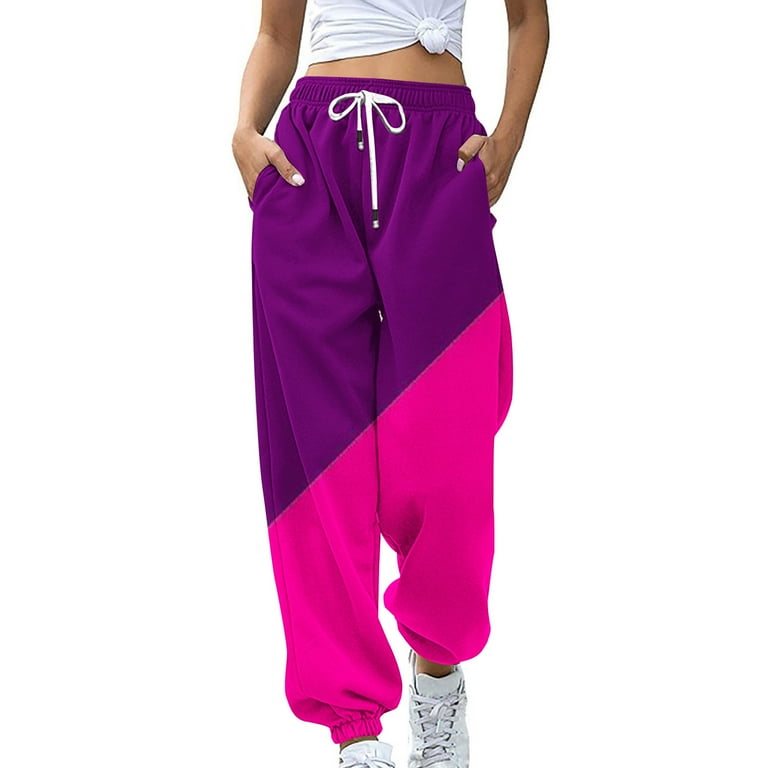 Jalioing Track Pants for Women Sportpants High Elastic Rise Color Blocking Cinch Hem Athletic Slacks XX Large Purple