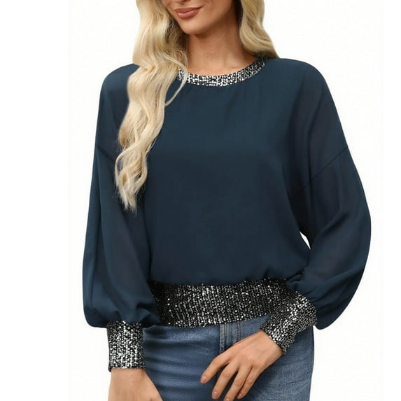 Jalioing Trendy Long Sleeve Shirts for Women Solid Patchwork Sequin Tops Fashion Long Sleeve Crew Neck Blouse