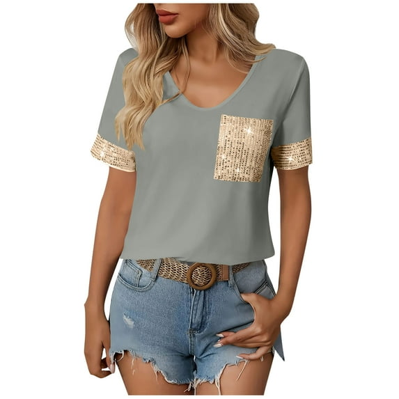 Jalioing Trendy T Shirt for Women Color Block Sequin Short Sleeve V Neck Tee Shirt Summer Fashion Casual Tops Outfits