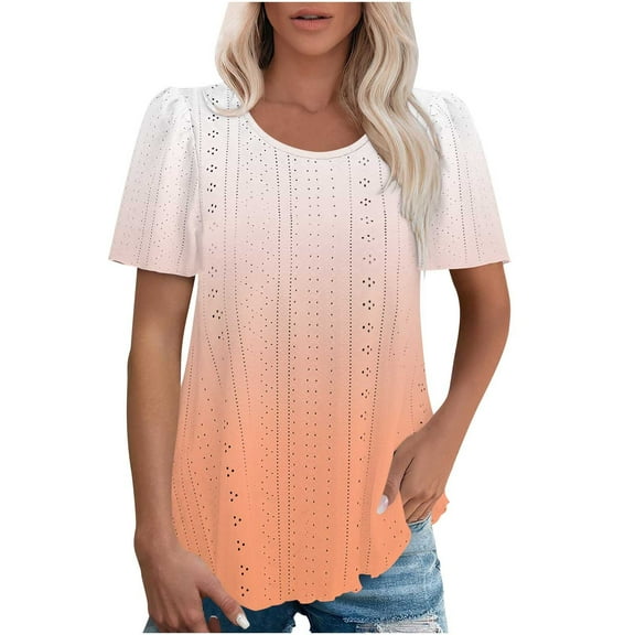 Jalioing Tunic Tops for Women Puff Short Sleeve Crew Neck Fashion Blouses Summer Trendy Hollow Out Shirts