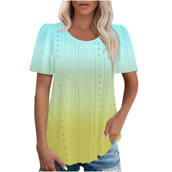 Jalioing Tunic Tops for Women Puff Short Sleeve Crew Neck Fashion Blouses Summer Trendy Hollow Out Shirts