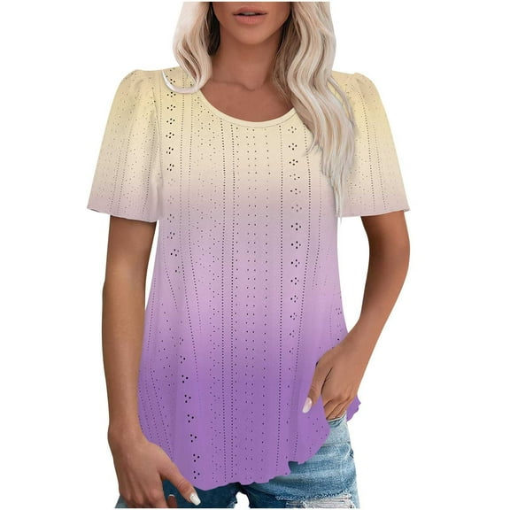 Jalioing Tunic Tops for Women Puff Short Sleeve Crew Neck Fashion Blouses Summer Trendy Hollow Out Shirts
