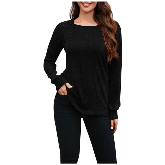 Jalioing Undershirt for Women Solid Color Long Sleeve Pullover Round Neck Slim Comfy Tops (XX-Large, Black)
