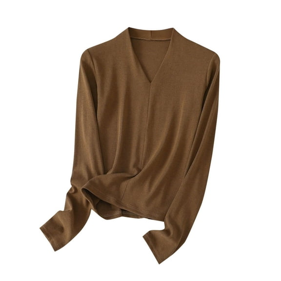 Jalioing V Neck Basic Tops for Women Comfy Thermal Long Sleeve Solid Shirt Fall Winter Casual Baselayer Tops