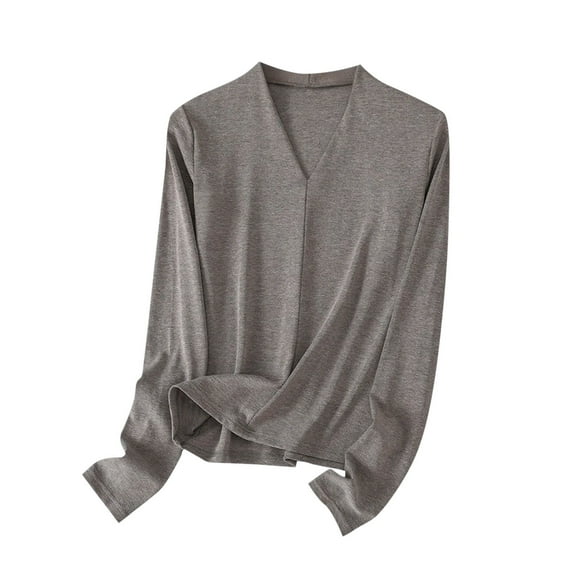 Jalioing V Neck Basic Tops for Women Comfy Thermal Long Sleeve Solid Shirt Fall Winter Casual Baselayer Tops