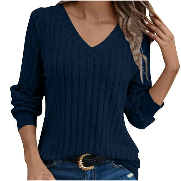 Jalioing V Neck Dressy Tops for Women Long Sleeve Solid Ribbed Shirts Business Casual Blouses Clothes