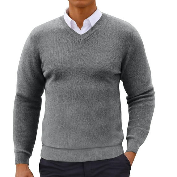 Jalioing V Neck Knit Tops for Men Casual Dressy Long Sleeve Solid Sweaters Fall Winter Fashion Pullover Sweater