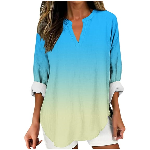 Jalioing V Neck Long Sleeve Shirt for Women Casual Fashion Cotton Tunic Tops Plus Size Loose Gradient Blouse