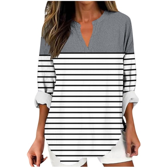 Jalioing V Neck Long Sleeve Shirt for Women Casual Fashion Cotton Tunic Tops Plus Size Loose Gradient Blouse