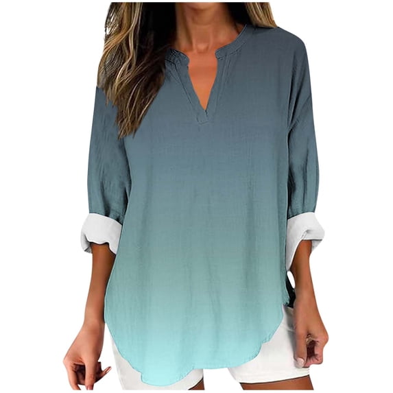 Jalioing V Neck Long Sleeve Shirt for Women Casual Fashion Cotton Tunic Tops Plus Size Loose Gradient Blouse