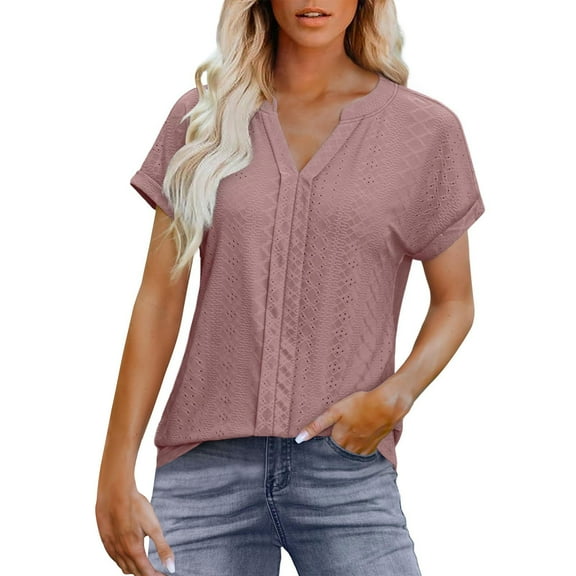 Jalioing V Neck Shirts for Women Casual Dressy Short Sleeve Eyelet Tunic Tops Business Work Tops Summer Fashion