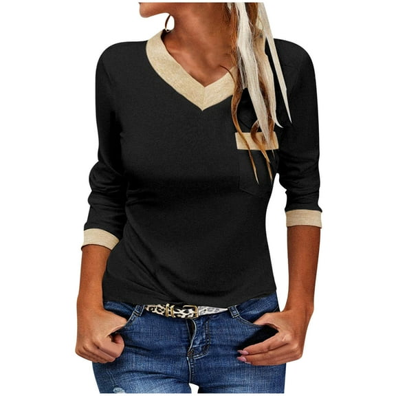 Jalioing V Neck Shirts for Women Color Block Long Sleeve Casual T Shirt Summer Loose Basic Tee with Pocket