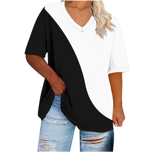 Jalioing V Neck Summer Shirt Women's Plus Size Short Sleeve Color Block Tee Shirt Casual Loose Pullover Tees Clothes