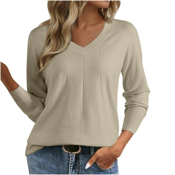 Jalioing V Neck Sweaters for Women Fashion Solid Long Sleeve Knitted Shirts Classic Casual Pullover Sweater