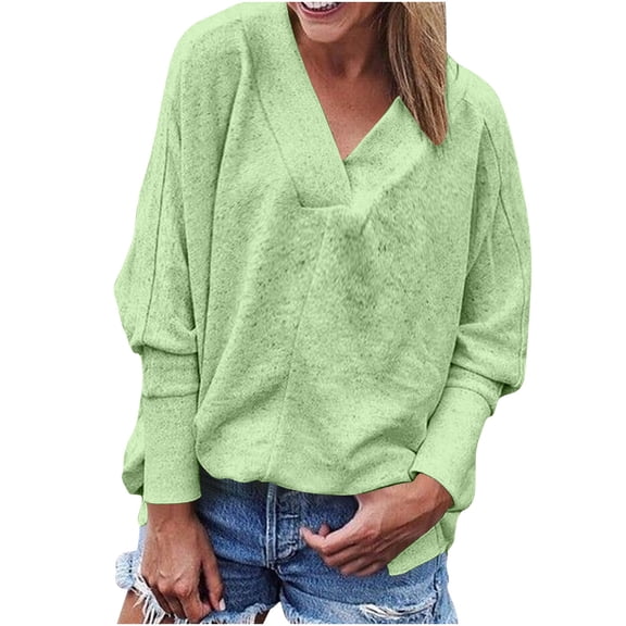 Jalioing V Neck Sweatshirt for Women Trendy Loose Solid Long Sleeve Pullover Shirt Spring Fall Fashion Tops