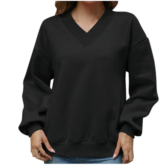 Jalioing V Neck Sweatshirts for Women Loose Basic Long Sleeve Pullover Tops Solid Color Fall Winter Casual Shirts