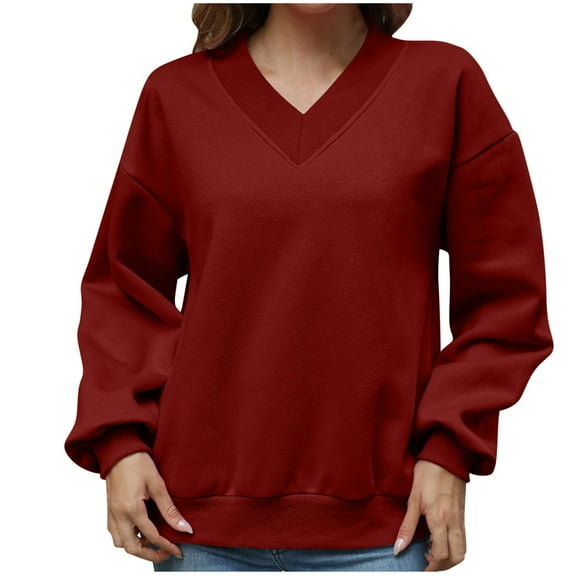 Jalioing V Neck Sweatshirts for Women Loose Basic Long Sleeve Pullover Tops Solid Color Fall Winter Casual Shirts