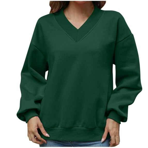 Jalioing V Neck Sweatshirts for Women Loose Basic Long Sleeve Pullover Tops Solid Color Fall Winter Casual Shirts