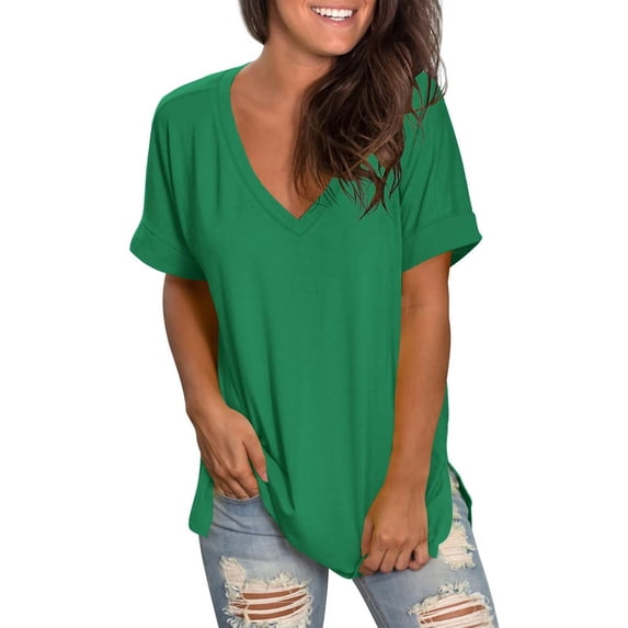 Jalioing V Neck T Shirt Women's Loose Short Sleeve Summer Tee Casual Basic Side Slit Fashion Tops Trendy