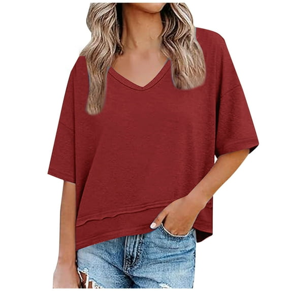 Jalioing V Neck T Shirt Women's Short Sleeve Dropped Shoulder Fashion Tops Casual Loose Summer Trendy Tees