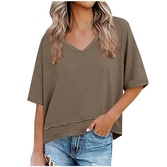 Jalioing V Neck T Shirt Women's Short Sleeve Dropped Shoulder Fashion Tops Casual Loose Summer Trendy Tees