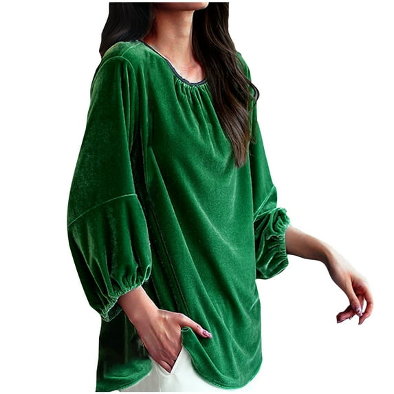 Jalioing Velour Blouse for Women Spring Long Sleeve Pullover Top Button Pleated V-Neck Solid Color Shirt (Large, Green)