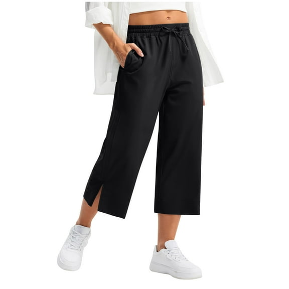 Jalioing Wide Leg Capris for Women Lightweight Drawstring Elastic Waist Casual Athletic Capri Pants with Pocket