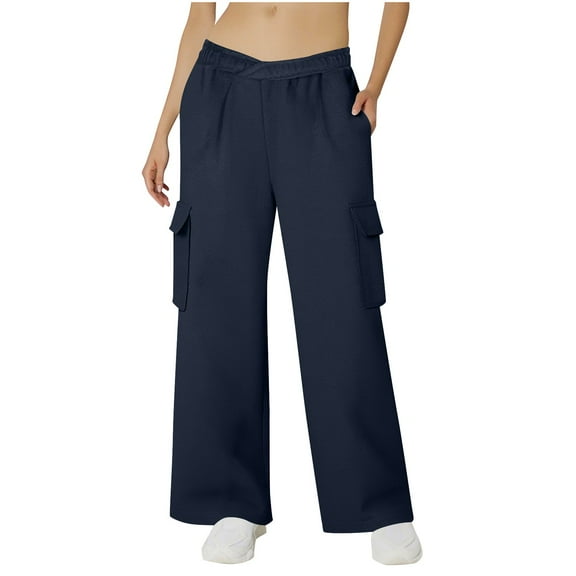 Jalioing Wide Leg High Waist Cargo Pants for Women Solid Casual Loose Outdoor Sport Trousers with Pocket
