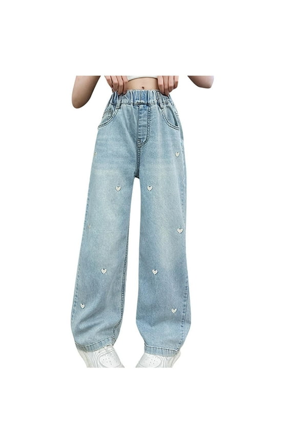 Wide Leg Jeans for Big Girls Stretch Waist Straight Pants with Pockets Fashion Baggy Denim Jeans