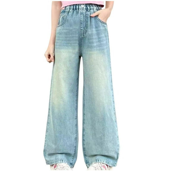 Jalioing Wide Leg Jeans for Big Girls Stretch Waist Straight Pants with Pockets Fashion Baggy Denim Jeans