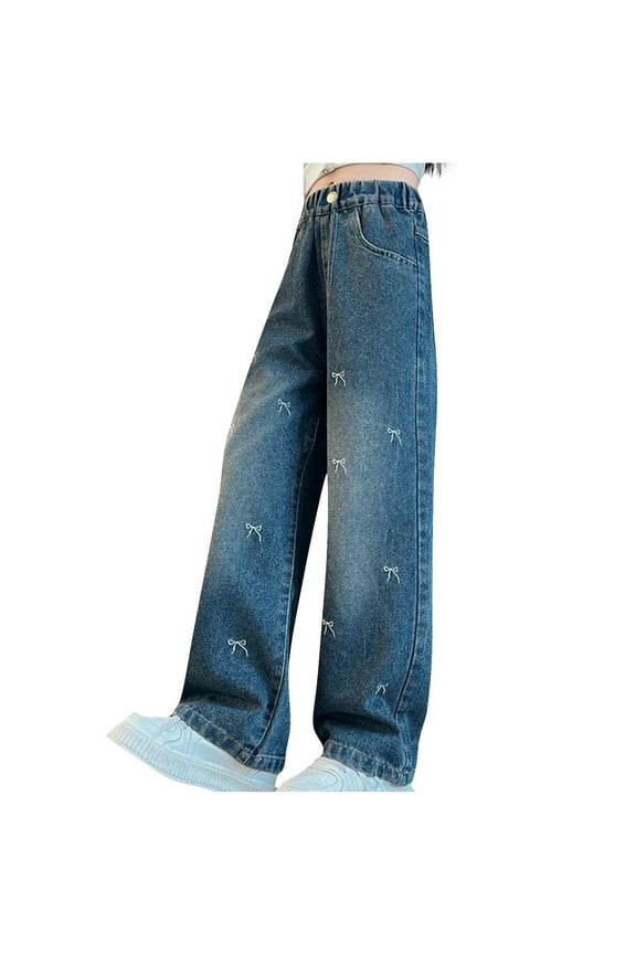Wide Leg Jeans for Big Girls Stretch Waist Straight Pants with Pockets Fashion Baggy Denim Jeans