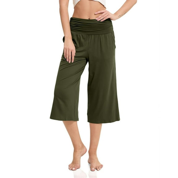 Jalioing Wide Leg Yoga Capris for Women Elastic High Waisted Athletic Capri Pants Loose Comfy Workout Crop Trousers