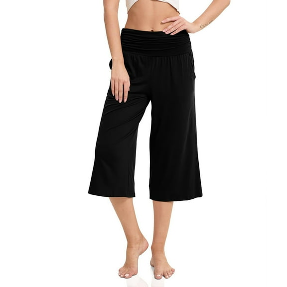 Jalioing Wide Leg Yoga Capris for Women Elastic High Waisted Athletic Capri Pants Loose Comfy Workout Crop Trousers