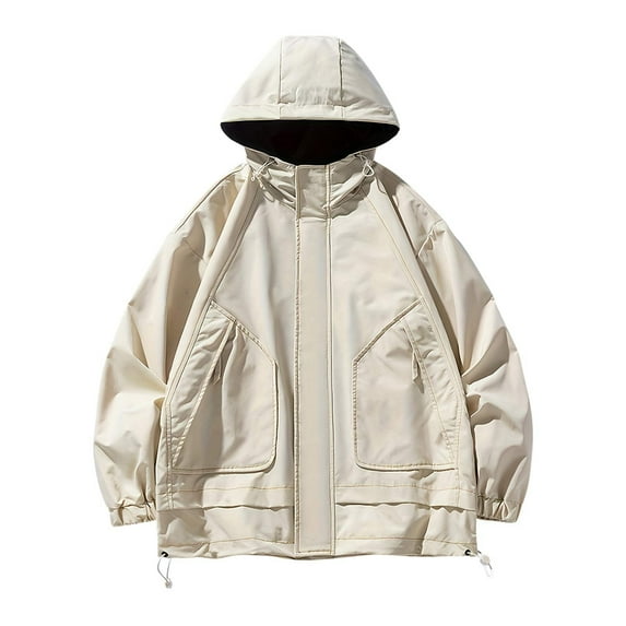 Jalioing Windbreaker Hoodies for Men Hooded Zipper Jacket Windproof Long Sleeved Going out Outwear (3X-Large, Beige)