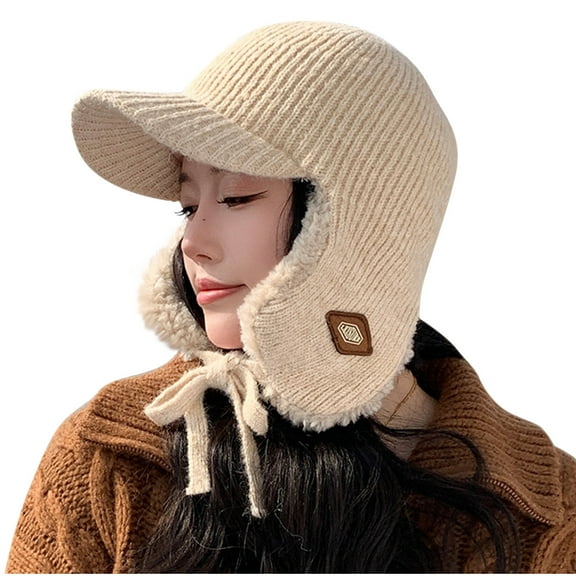 Jalioing Winter Thermal Hat for Women Fleece Lined Knitted Trapper Hat with Brim Windproof Ear Warmer Hat