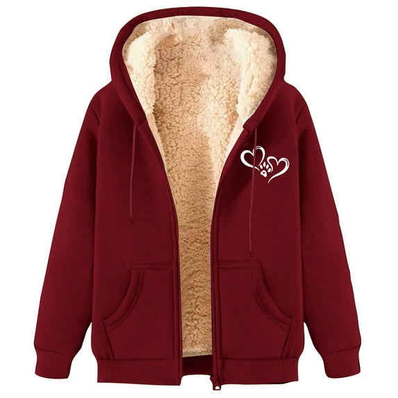 Jalioing Winter Zipper Up Sweatshirts for Women Thick Warm Fleece Lined Long Sleeve Hooded Jacket Coat Thermal Outerwear