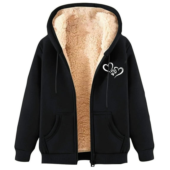 Jalioing Winter Zipper Up Sweatshirts for Women Thick Warm Fleece Lined Long Sleeve Hooded Jacket Coat Thermal Outerwear