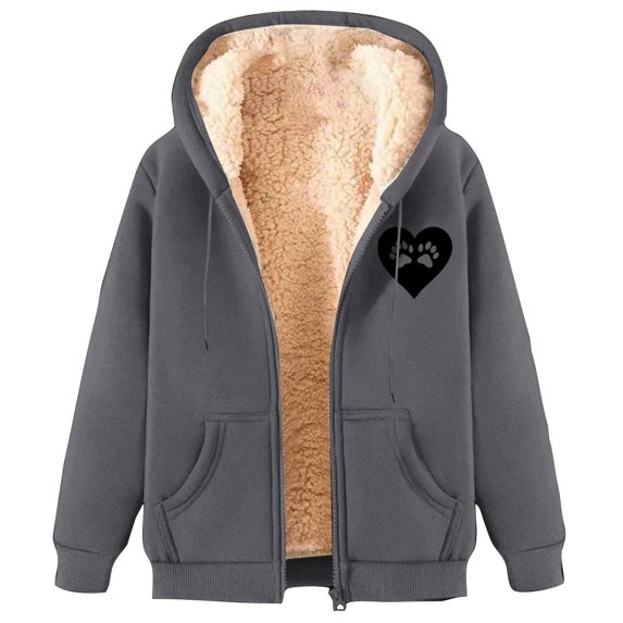 Jalioing Winter Zipper Up Sweatshirts for Women Thick Warm Fleece Lined Long Sleeve Hooded Jacket Coat Thermal Outerwear