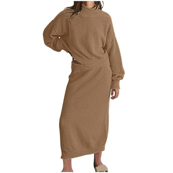 Jalioing Women 2 Piece Knitted Skirt Set Outfits Crop Sweater with Maxi Skirts Solid Color Elegant Dress Sets (Large, Brown)