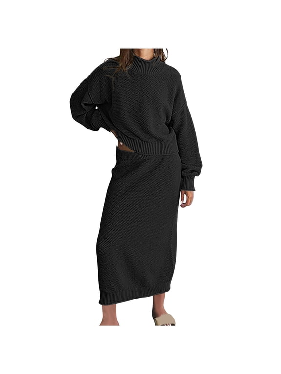 Women 2 Piece Knitted Skirt Set Outfits Crop Sweater with Maxi Skirts Solid Color Elegant Dress Sets (Medium, Black)